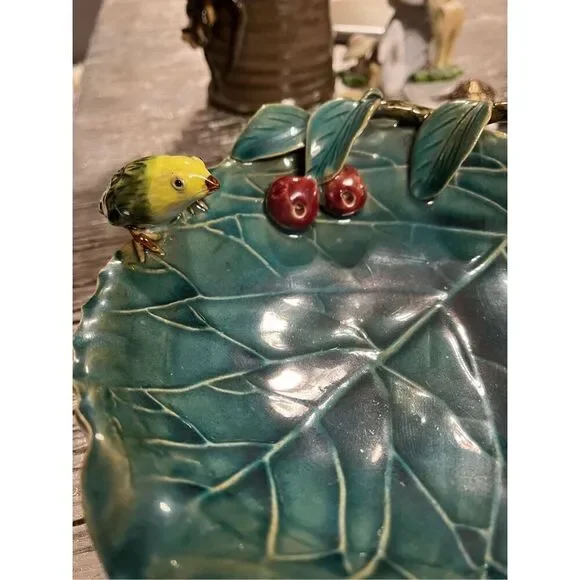 Majolica Pottery Footed Green Cabbage Leaf Bowl w/ Bird & Cherries EUC